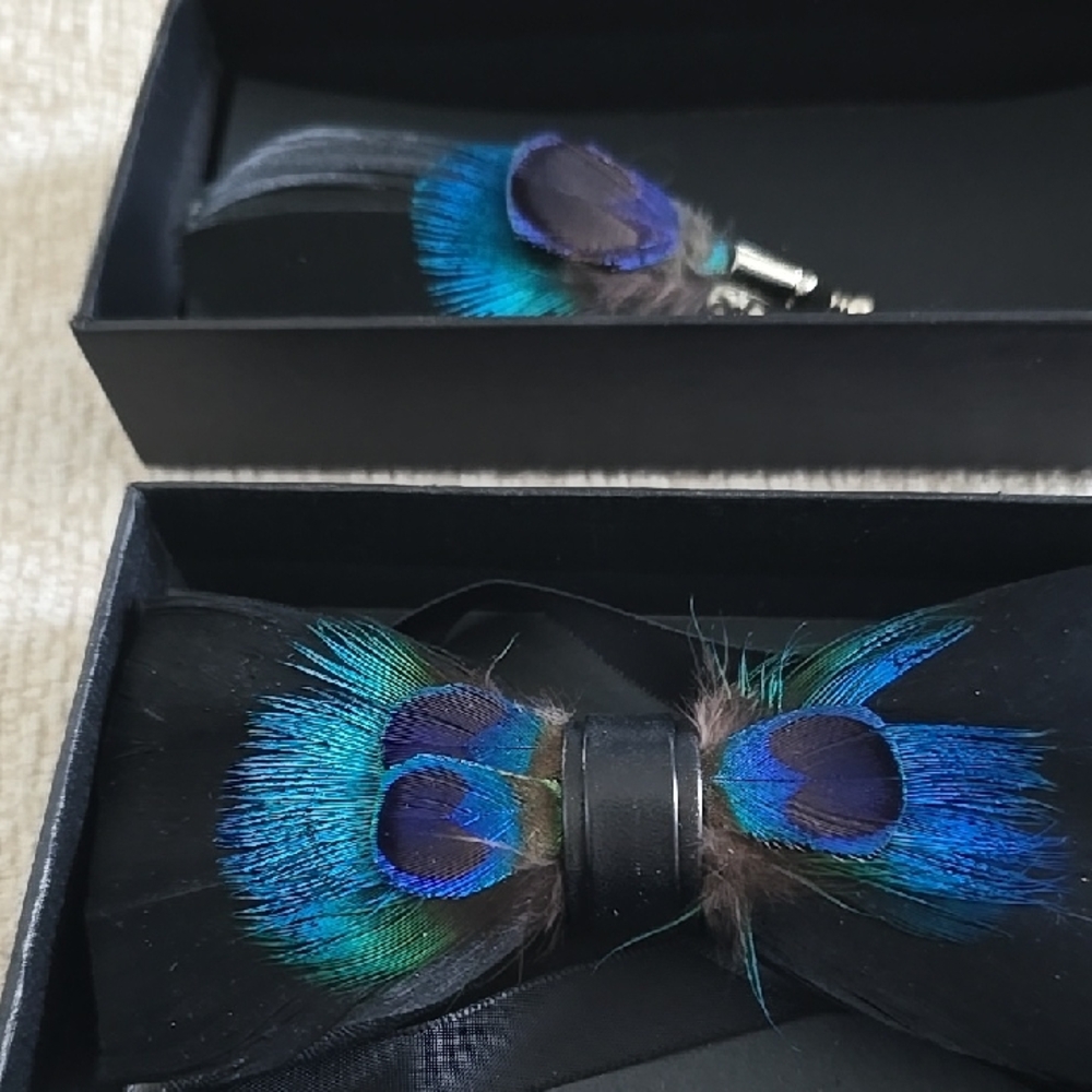Black Bow Tie with Peacock Feather Accent - Men's Formal Accessory